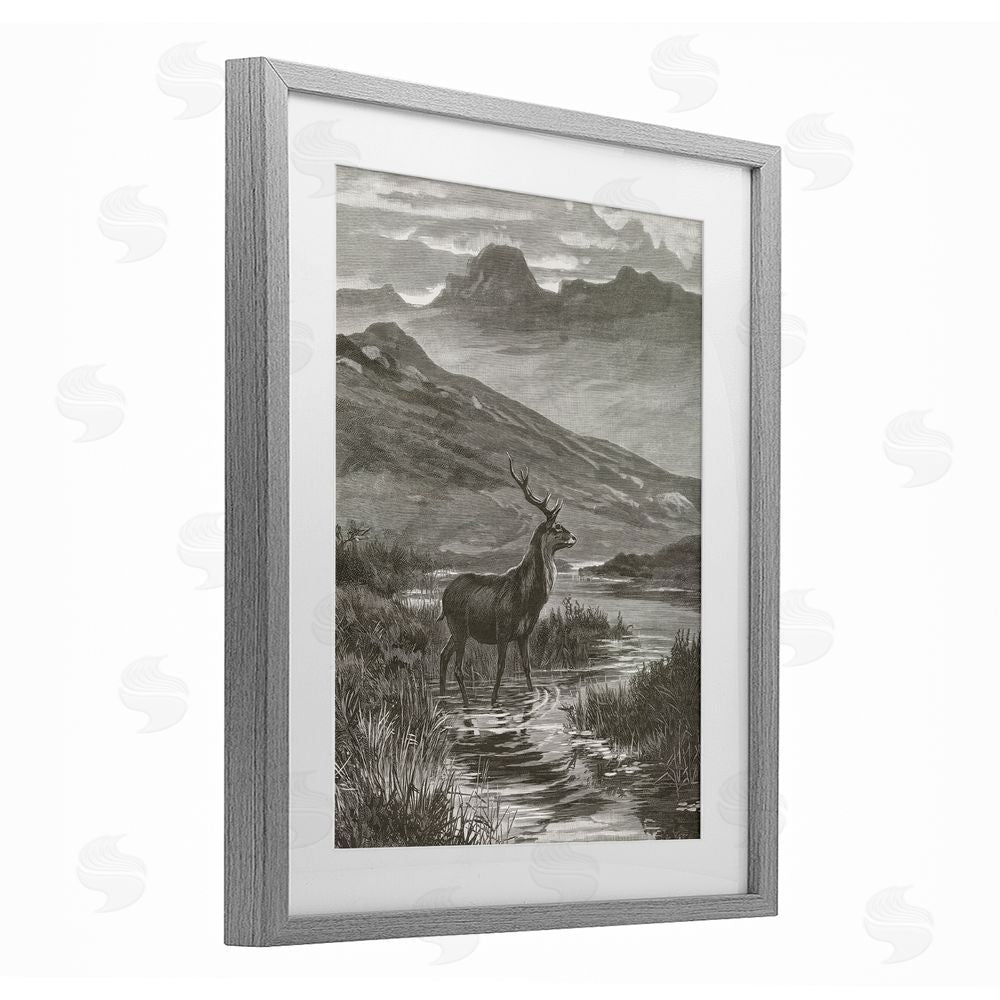 Wild Apple Portfolio Vintage Stag & Mountains Gray Framed Print Under Glass Art