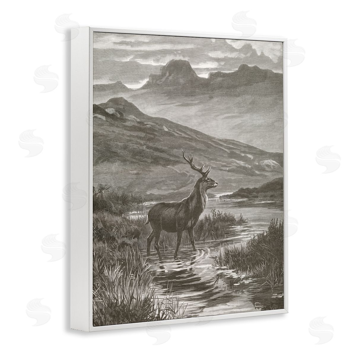 Wild Apple Portfolio Vintage Stag & Mountains White Frame Giclee Art Print