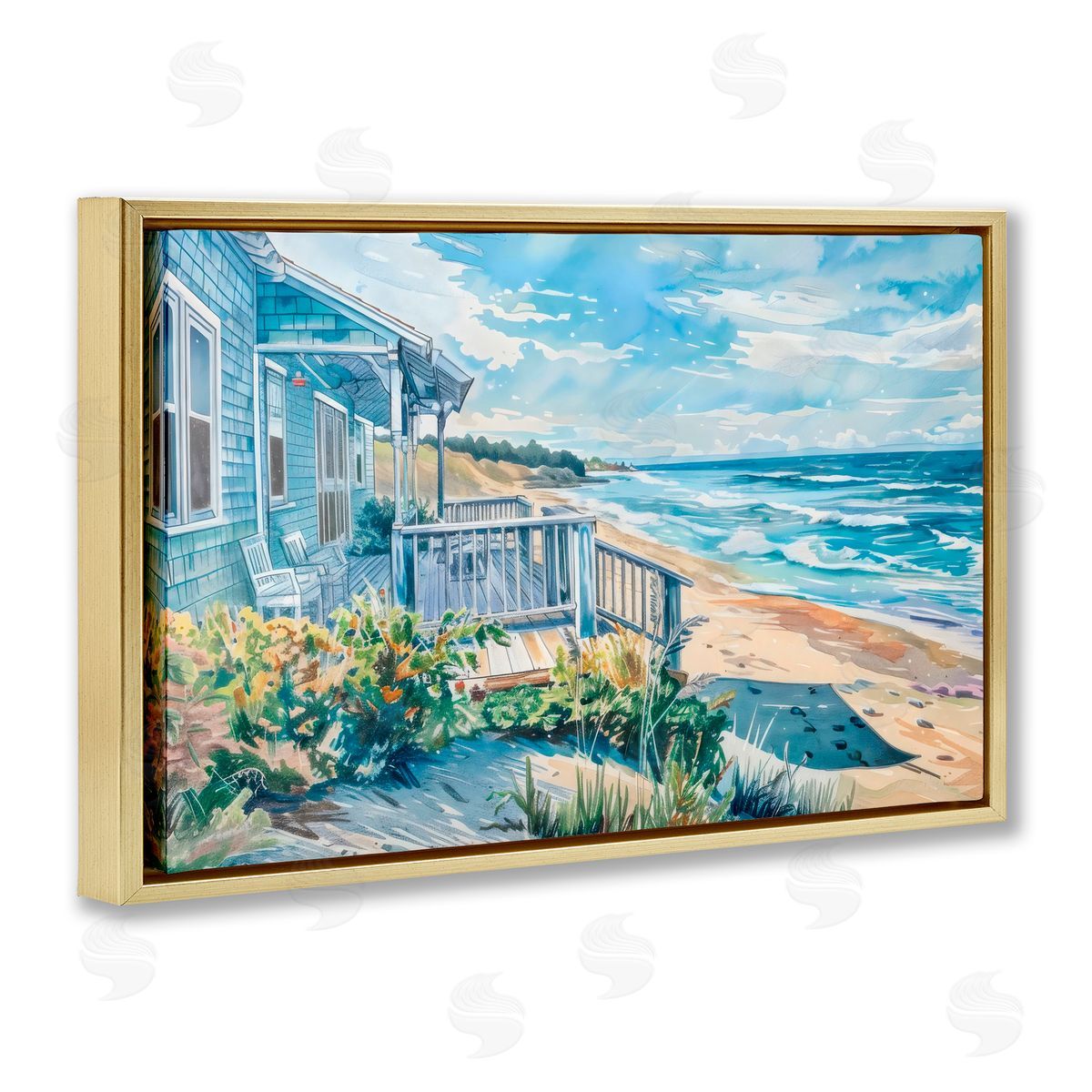 LSR Design Studio Beach Villa Overlook Gold Floating Frame Canvas Art Print