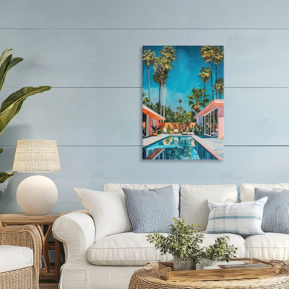 LSR Design Studio Pink Coastal House & Palms Printed Wall Art in Room