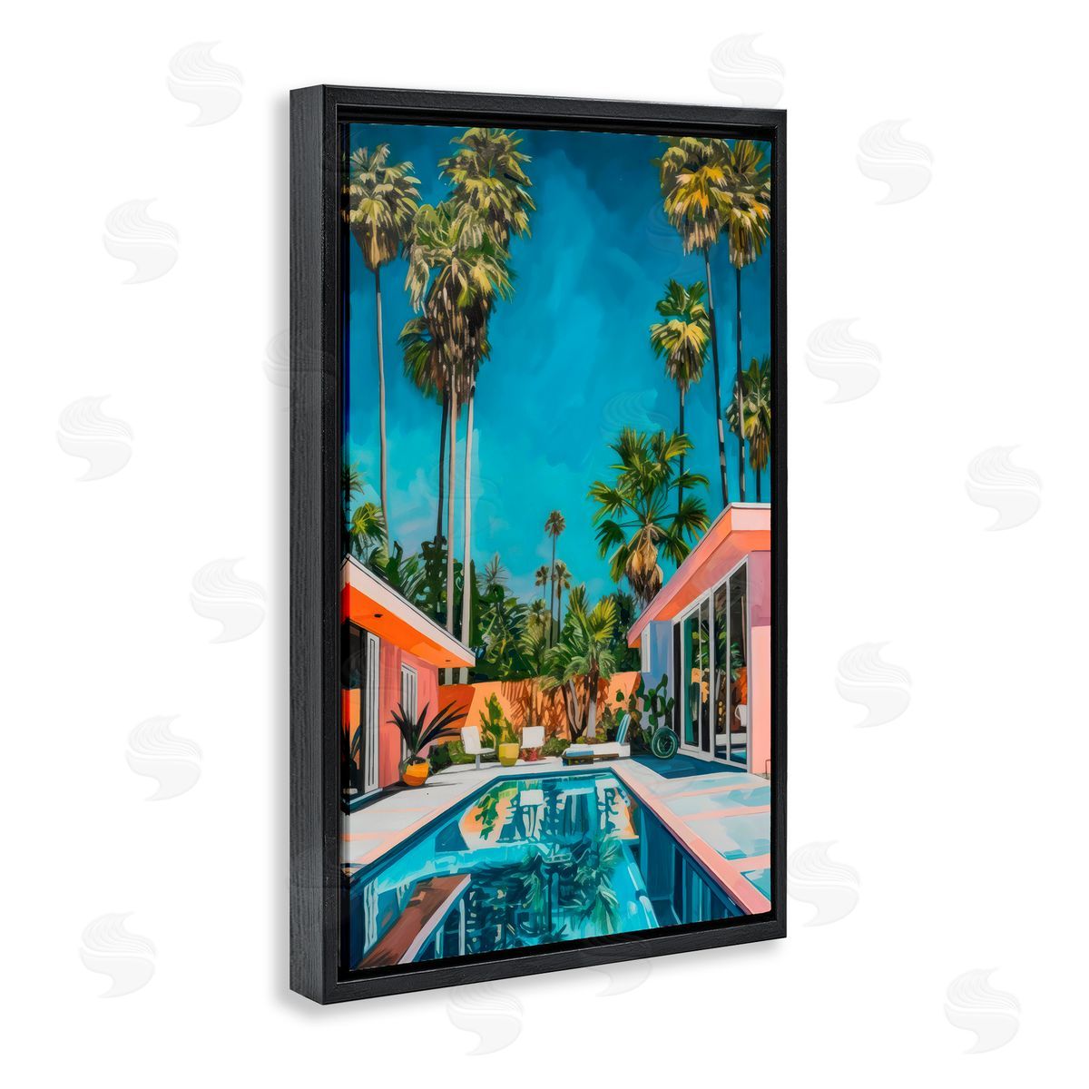 LSR Design Studio Pink Coastal House & Palms Black Floating Frame Canvas Wall Art Print