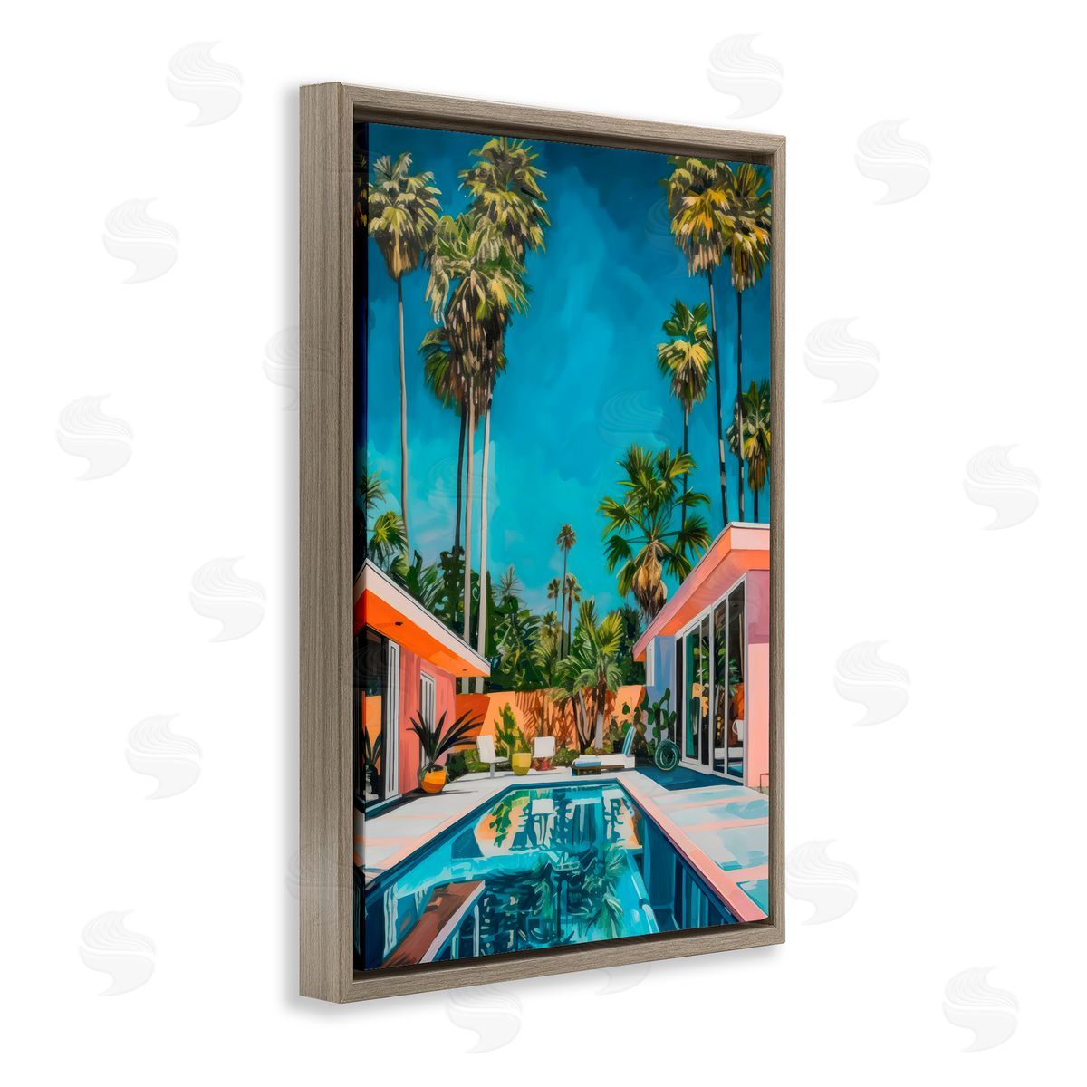 LSR Design Studio Pink Coastal House & Palms Brown Floating Frame Canvas Art Print