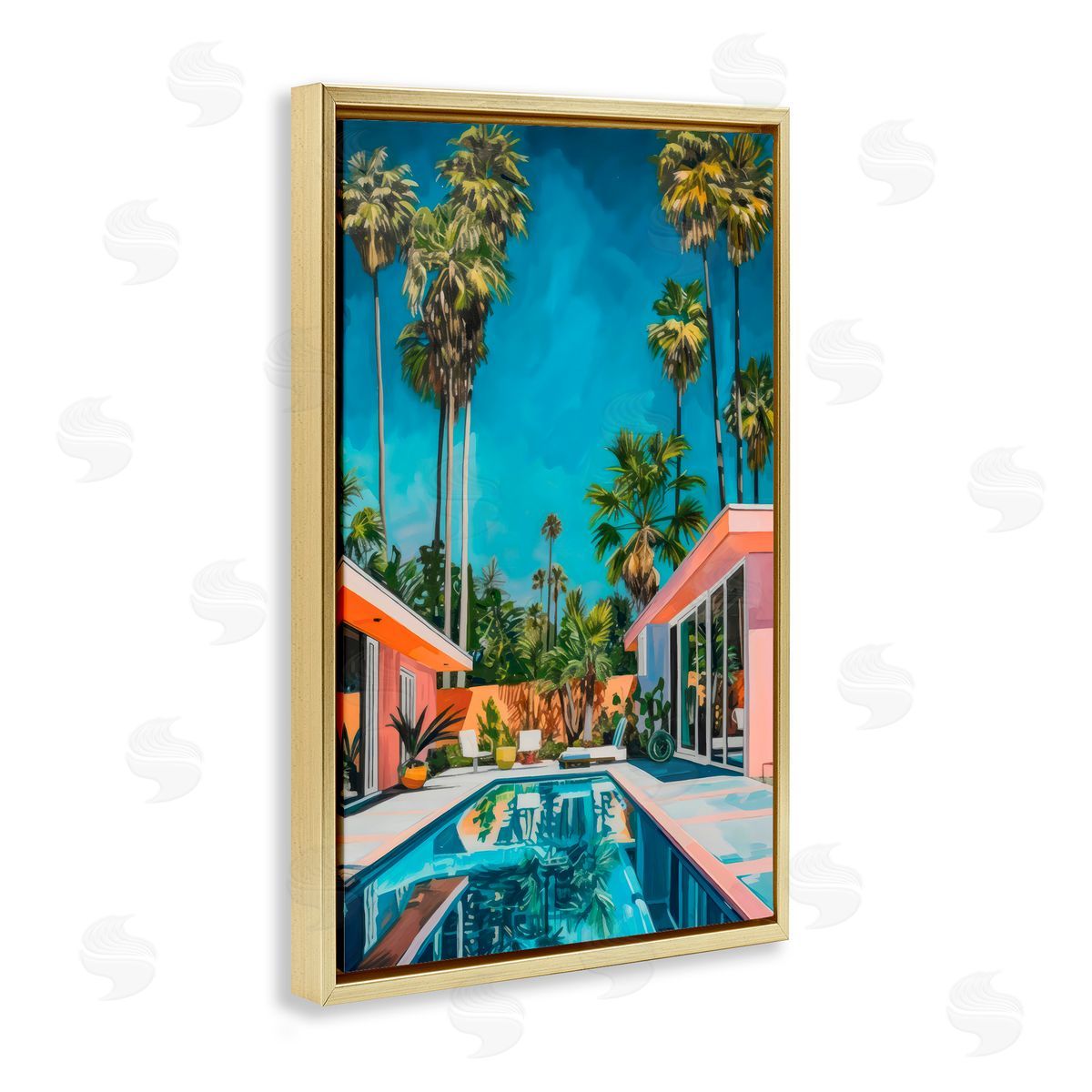 LSR Design Studio Pink Coastal House & Palms Gold Floating Frame Canvas Art Print