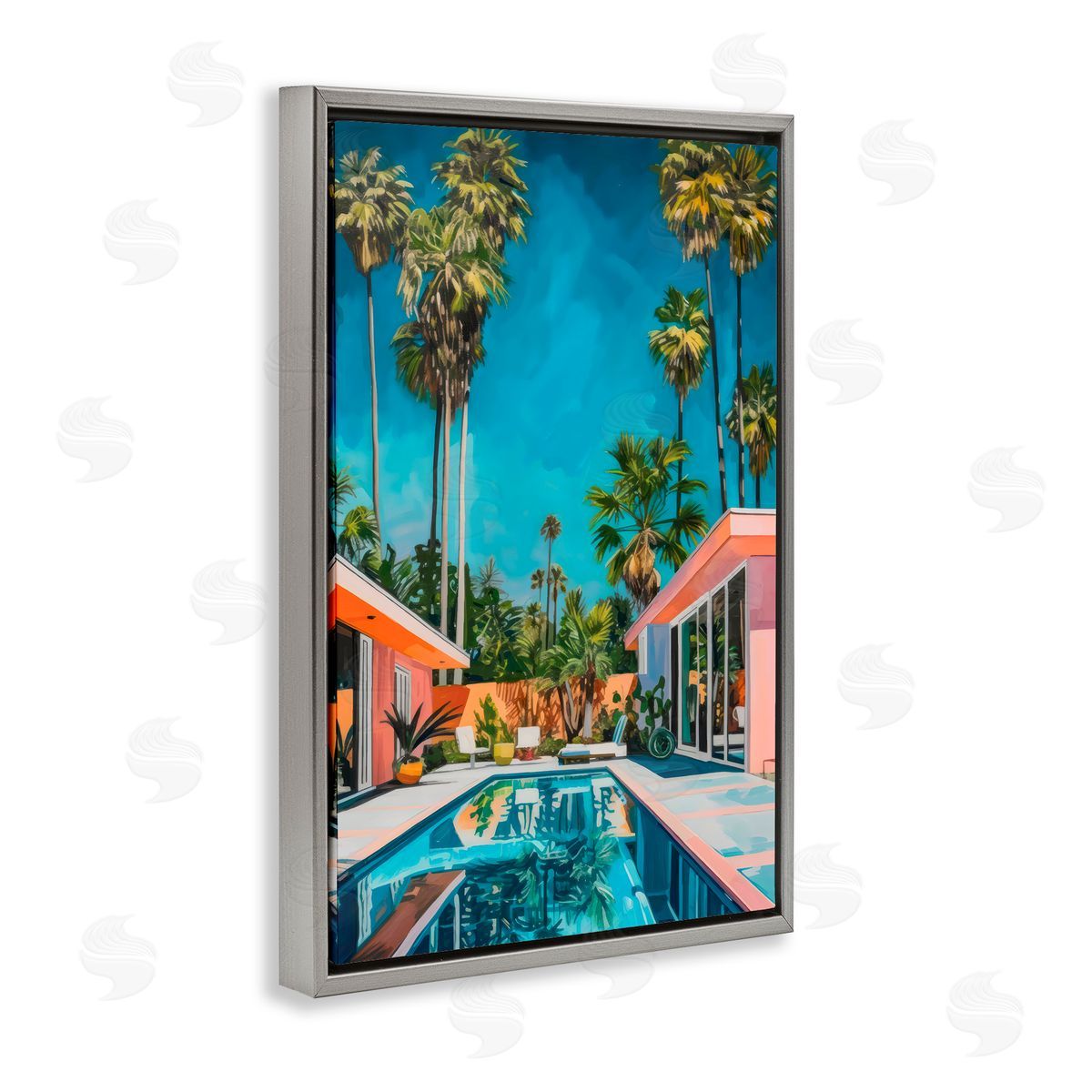LSR Design Studio Pink Coastal House & Palms Gray Floating Frame Canvas Art Print