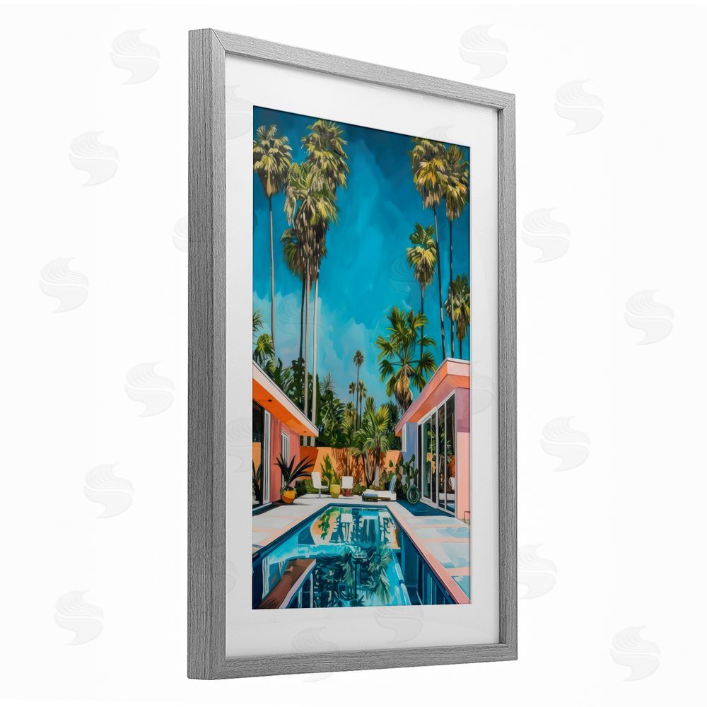 LSR Design Studio Pink Coastal House & Palms Gray Framed Print Under Glass Art