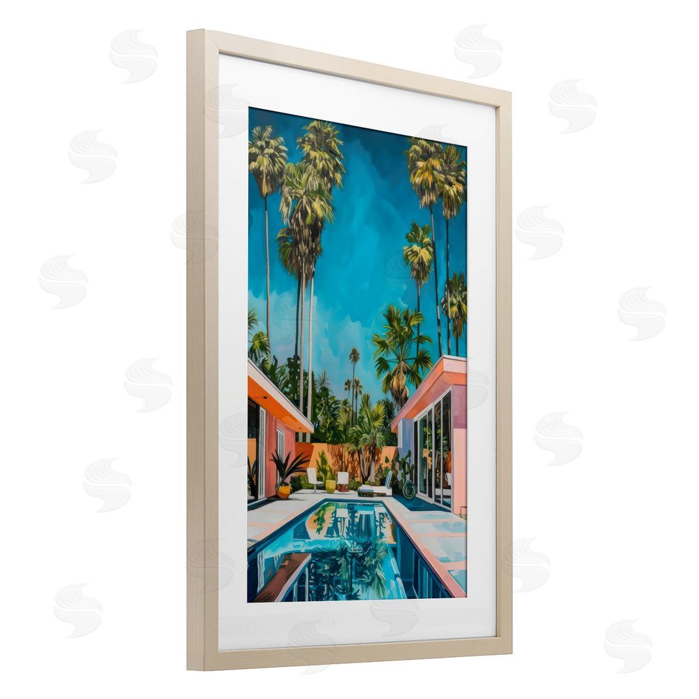 LSR Design Studio Pink Coastal House & Palms Birch Framed Print Under Glass Art