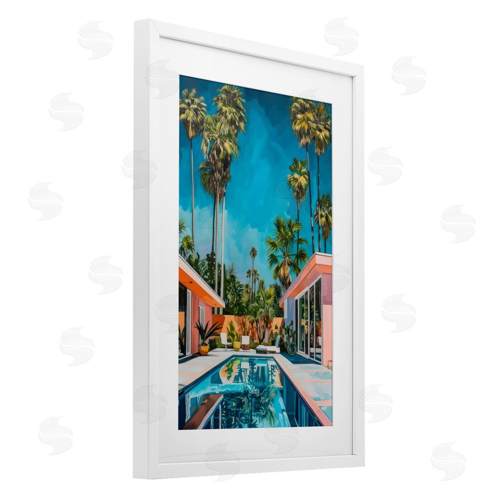 LSR Design Studio Pink Coastal House & Palms White Framed Print Under Glass Art