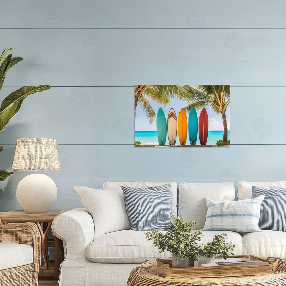 LSR Design Studio Colorful Surfboards Shoreline Printed Wall Art in Room