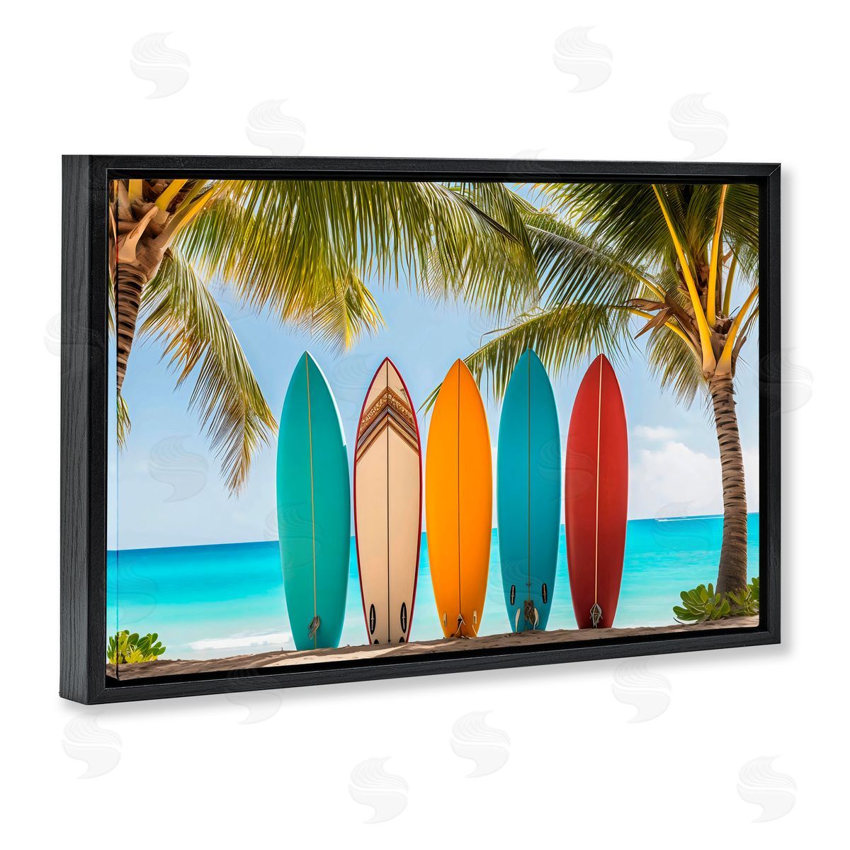 LSR Design Studio Colorful Surfboards Shoreline Black Floating Frame Canvas Wall Art Print