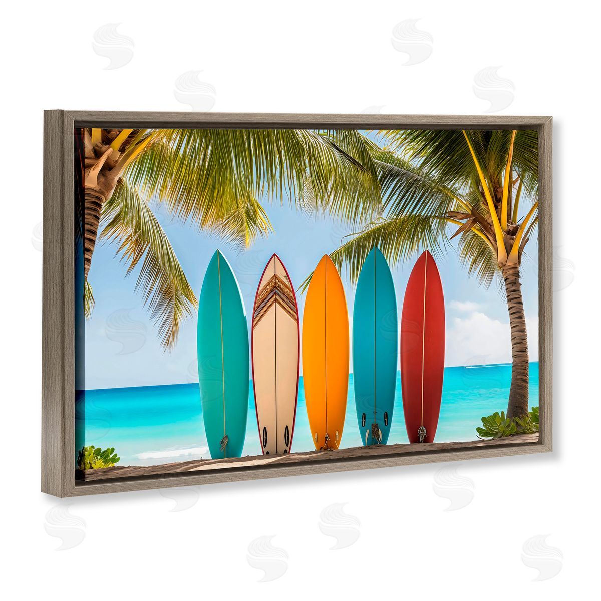 LSR Design Studio Colorful Surfboards Shoreline Brown Floating Frame Canvas Art Print
