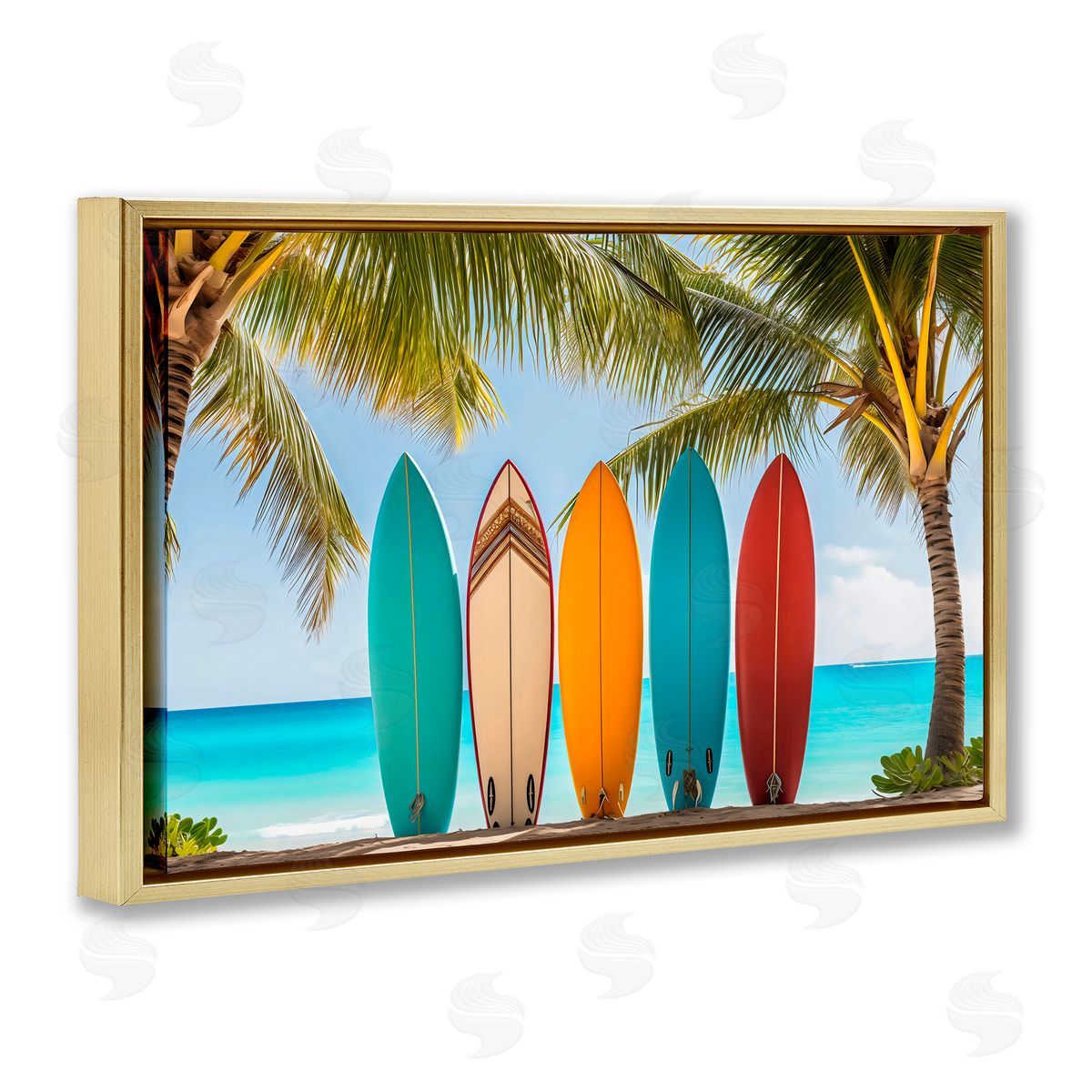 LSR Design Studio Colorful Surfboards Shoreline Gold Floating Frame Canvas Art Print