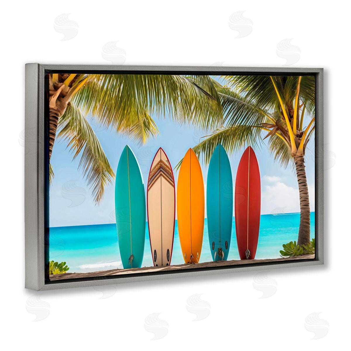 LSR Design Studio Colorful Surfboards Shoreline Gray Floating Frame Canvas Art Print