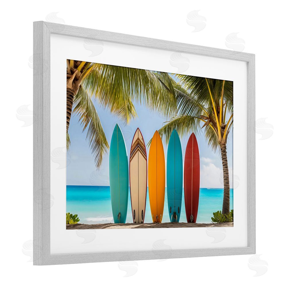 LSR Design Studio Colorful Surfboards Shoreline Gray Framed Print Under Glass Art