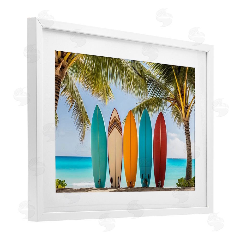 LSR Design Studio Colorful Surfboards Shoreline White Framed Print Under Glass Art