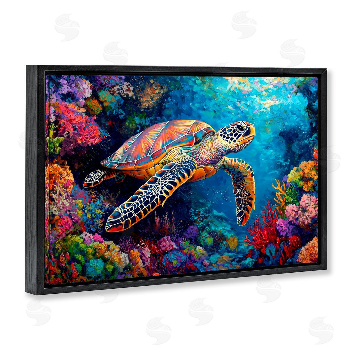 LSR Design Studio Colorful Coral Reef & Turtle Black Floating Frame Canvas Wall Art Print