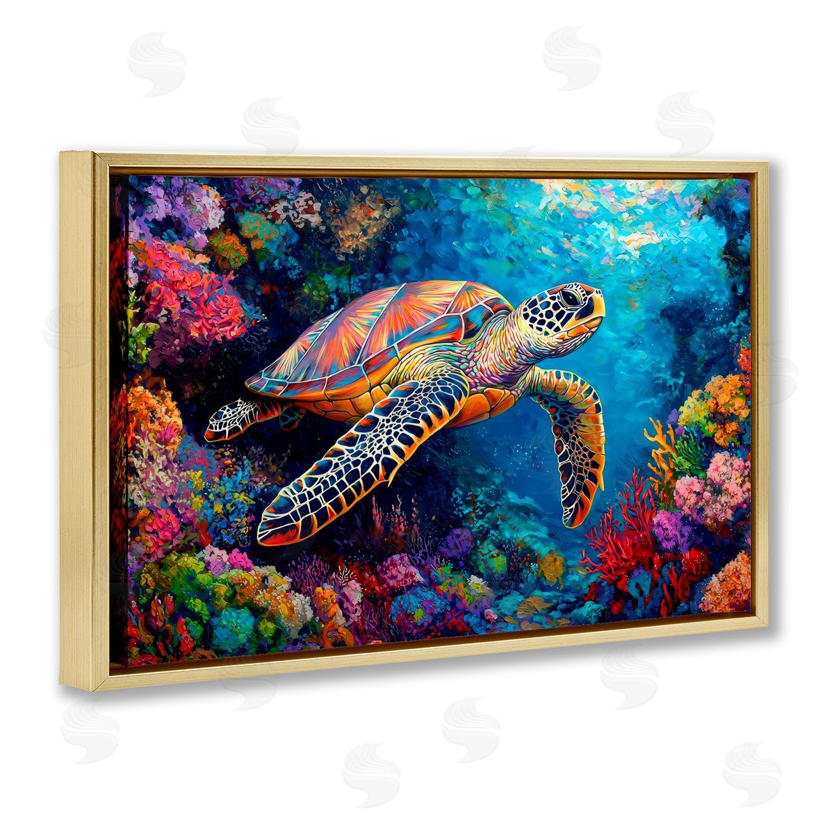 LSR Design Studio Colorful Coral Reef & Turtle Gold Floating Frame Canvas Art Print