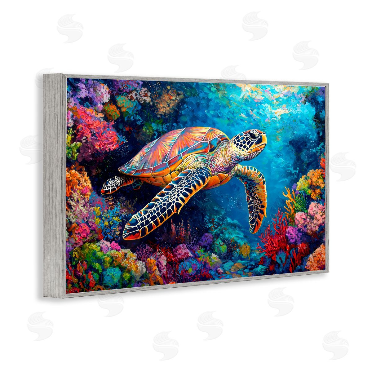 LSR Design Studio Colorful Coral Reef & Turtle Gray Framed Giclee Art Print