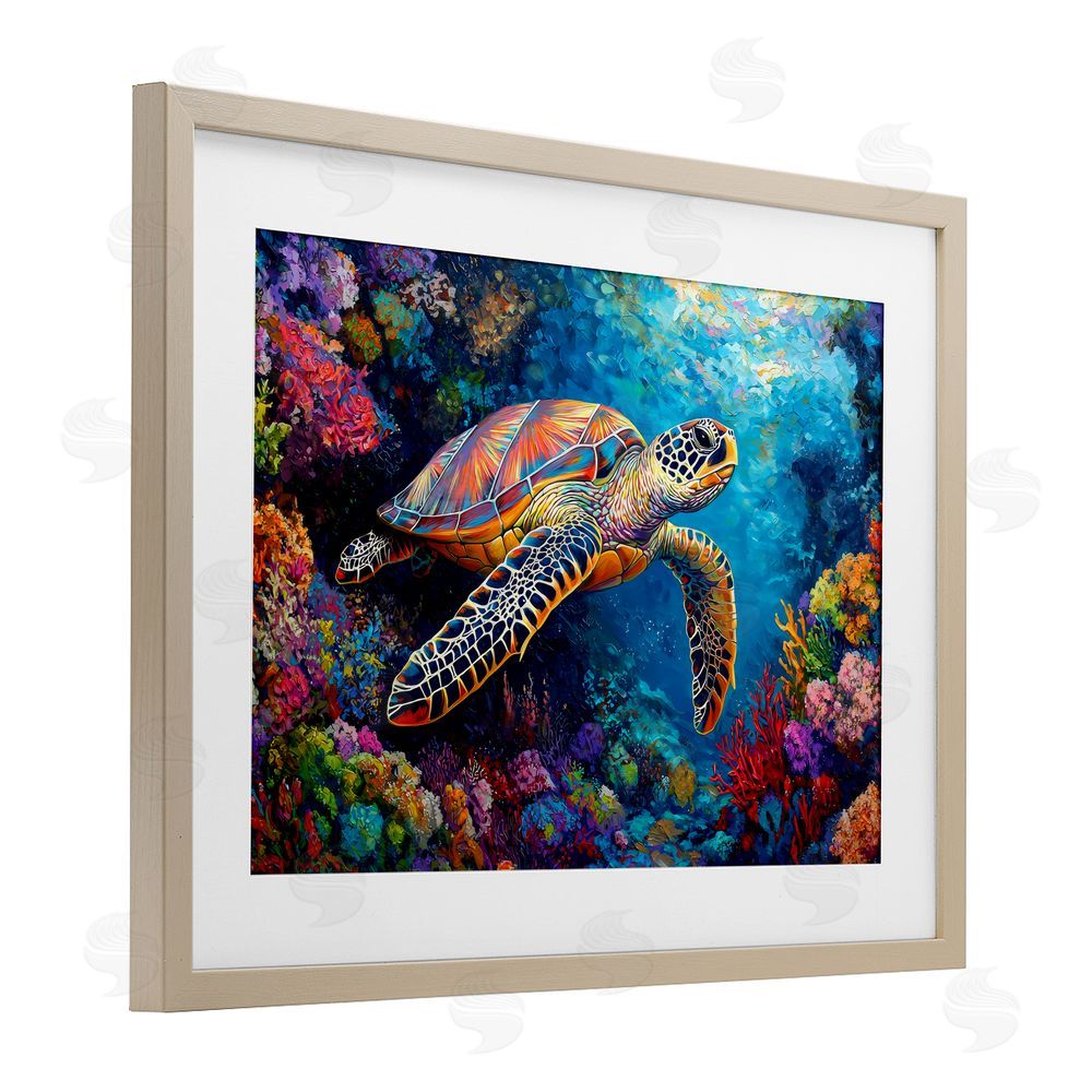 LSR Design Studio Colorful Coral Reef & Turtle Birch Framed Print Under Glass Art