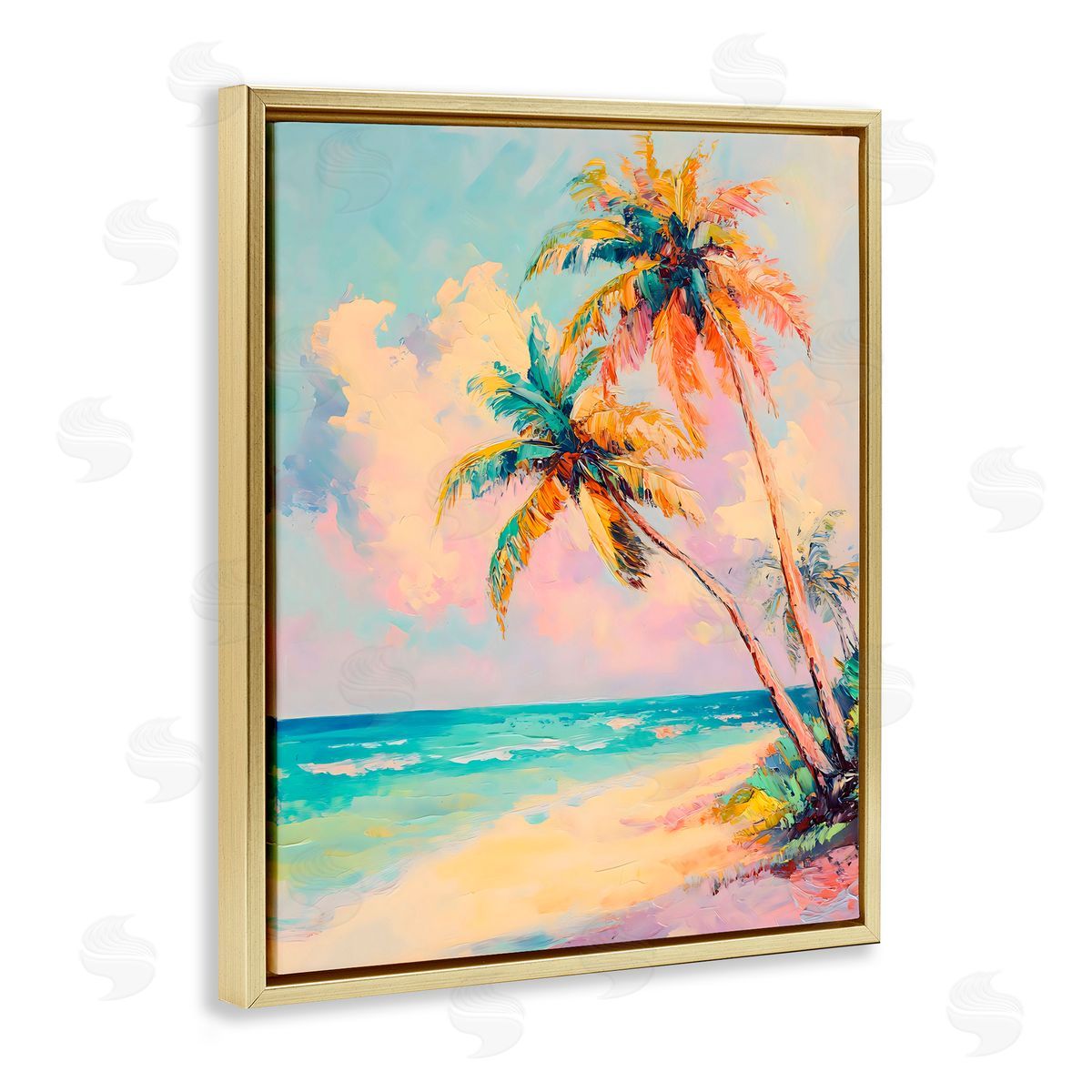 LSR Design Studio Colorful Pastels Coastal Scene Gold Floating Frame Canvas Art Print