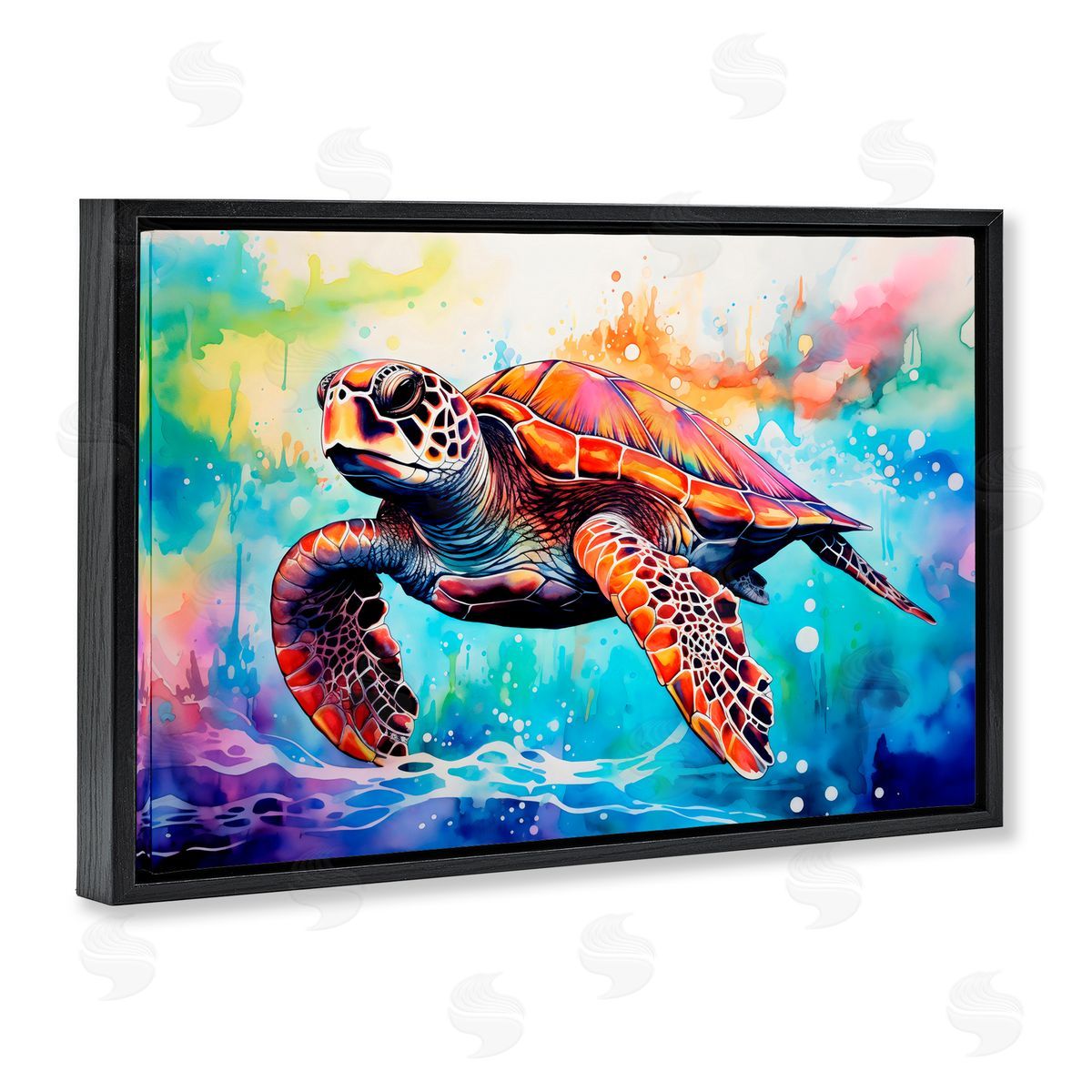 LSR Design Studio Sea Turtle over Watercolor Splash Black Floating Frame Canvas Wall Art Print
