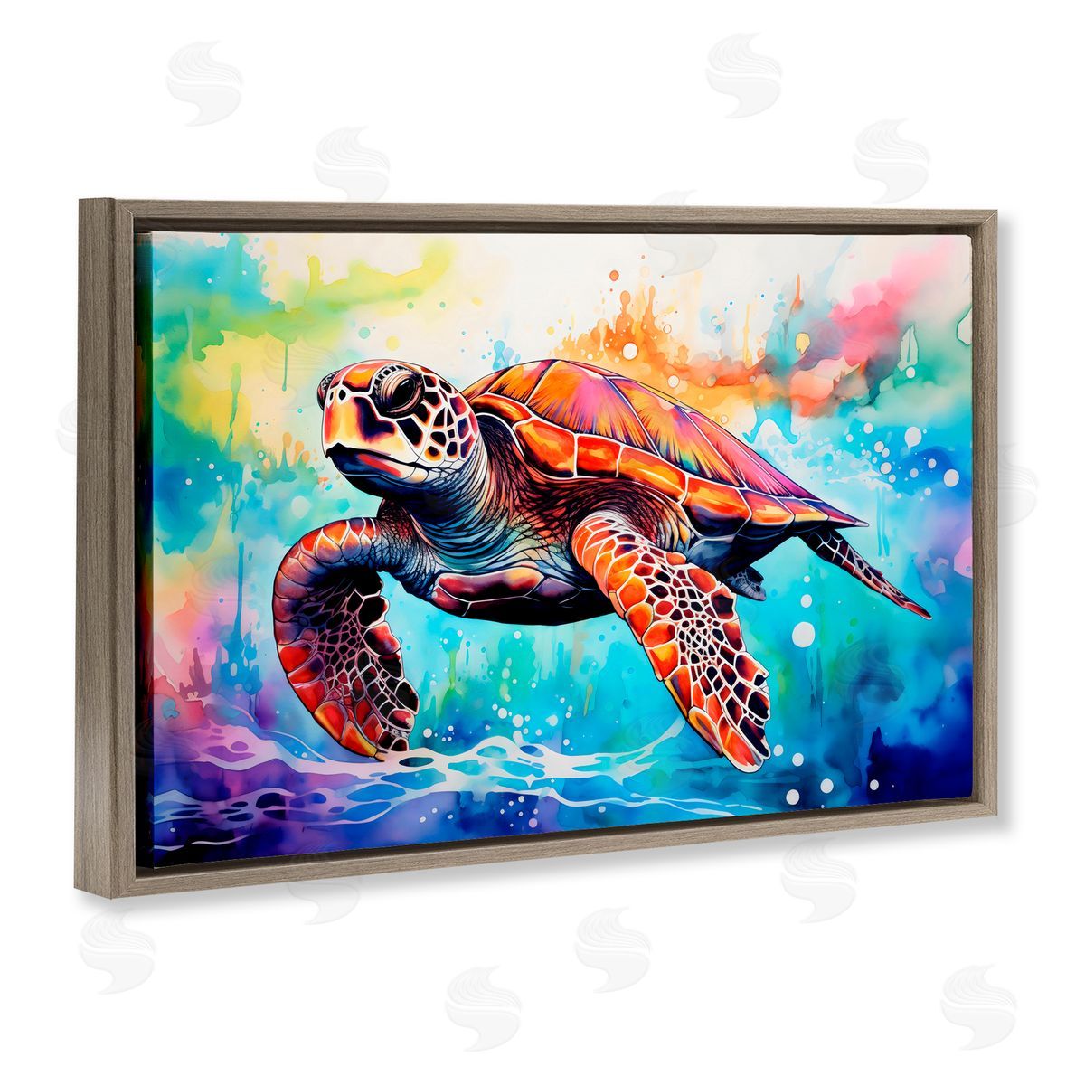 LSR Design Studio Sea Turtle over Watercolor Splash Brown Floating Frame Canvas Art Print