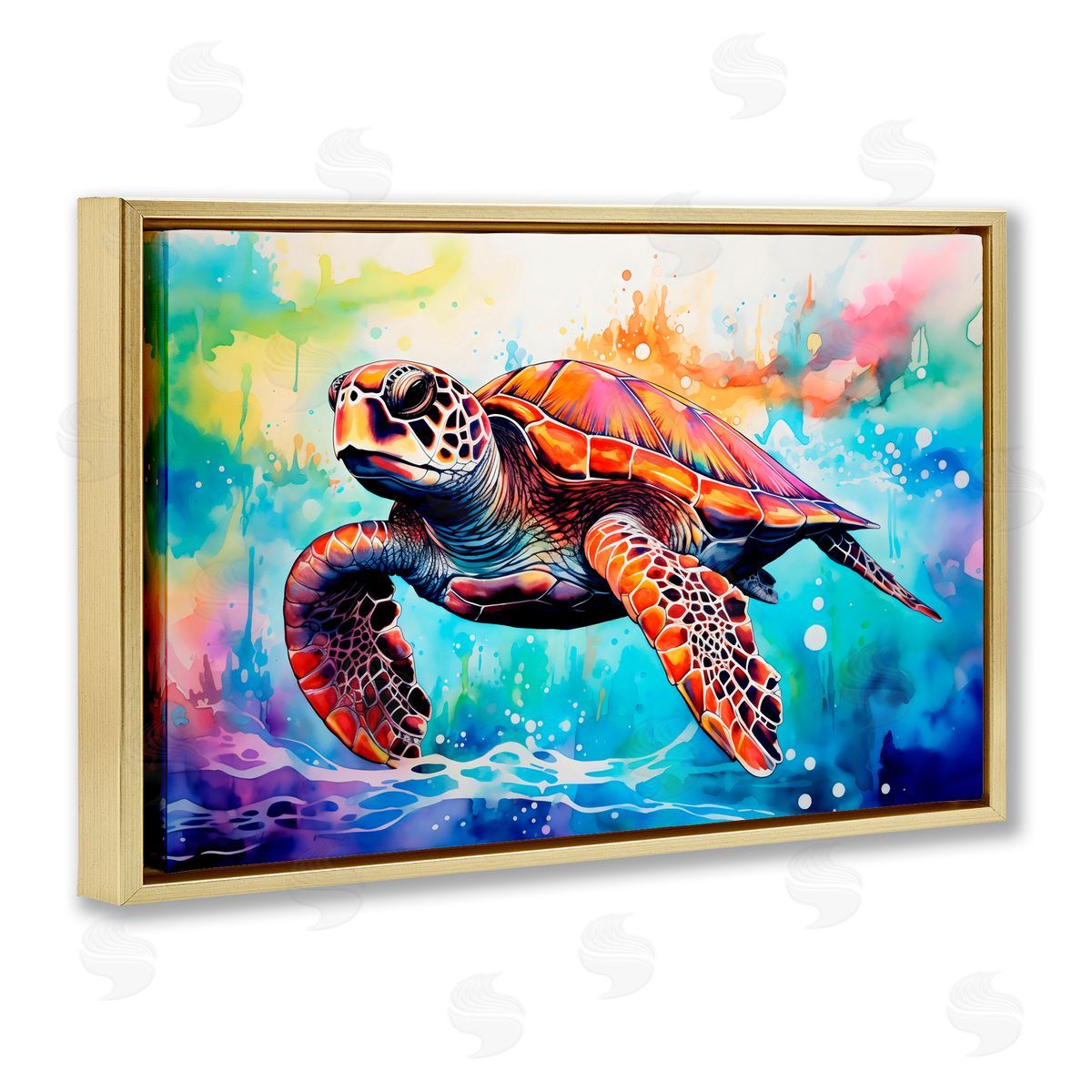 LSR Design Studio Sea Turtle over Watercolor Splash Gold Floating Frame Canvas Art Print
