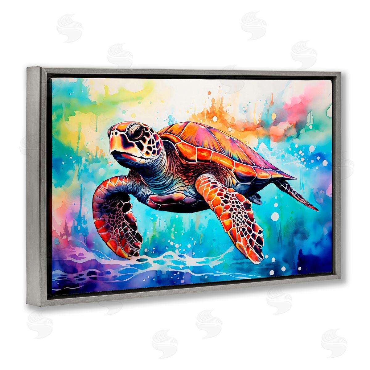 LSR Design Studio Sea Turtle over Watercolor Splash Gray Floating Frame Canvas Art Print