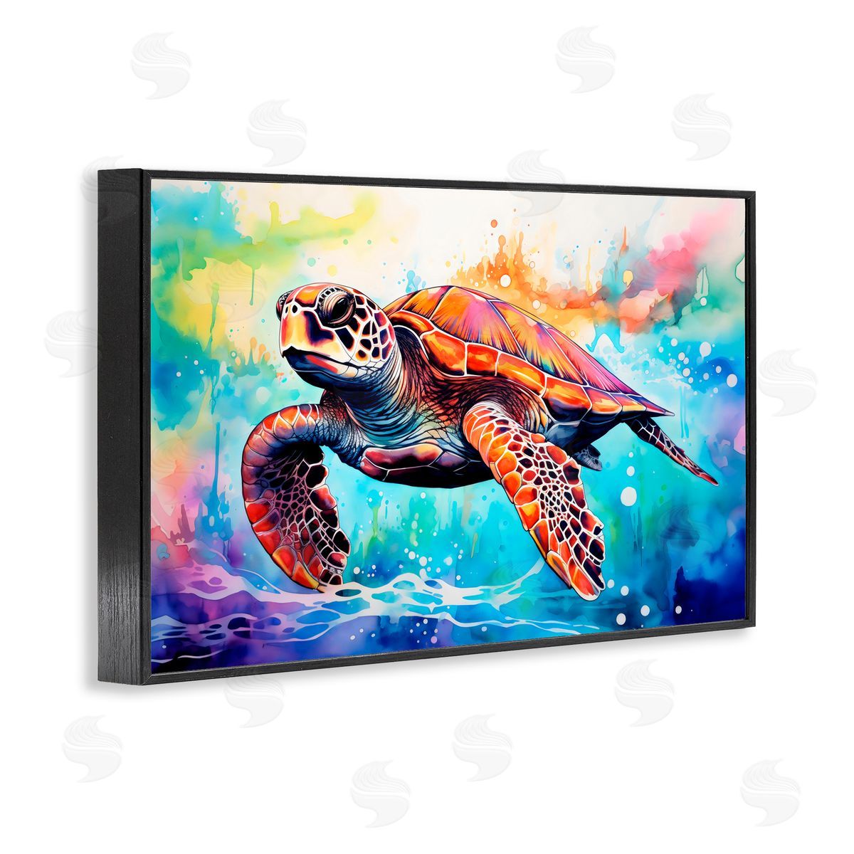 LSR Design Studio Sea Turtle over Watercolor Splash Black Framed Giclee Art Print