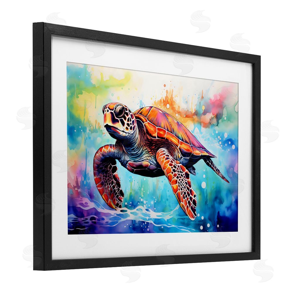 LSR Design Studio Sea Turtle over Watercolor Splash Black Framed Print Under Glass Art
