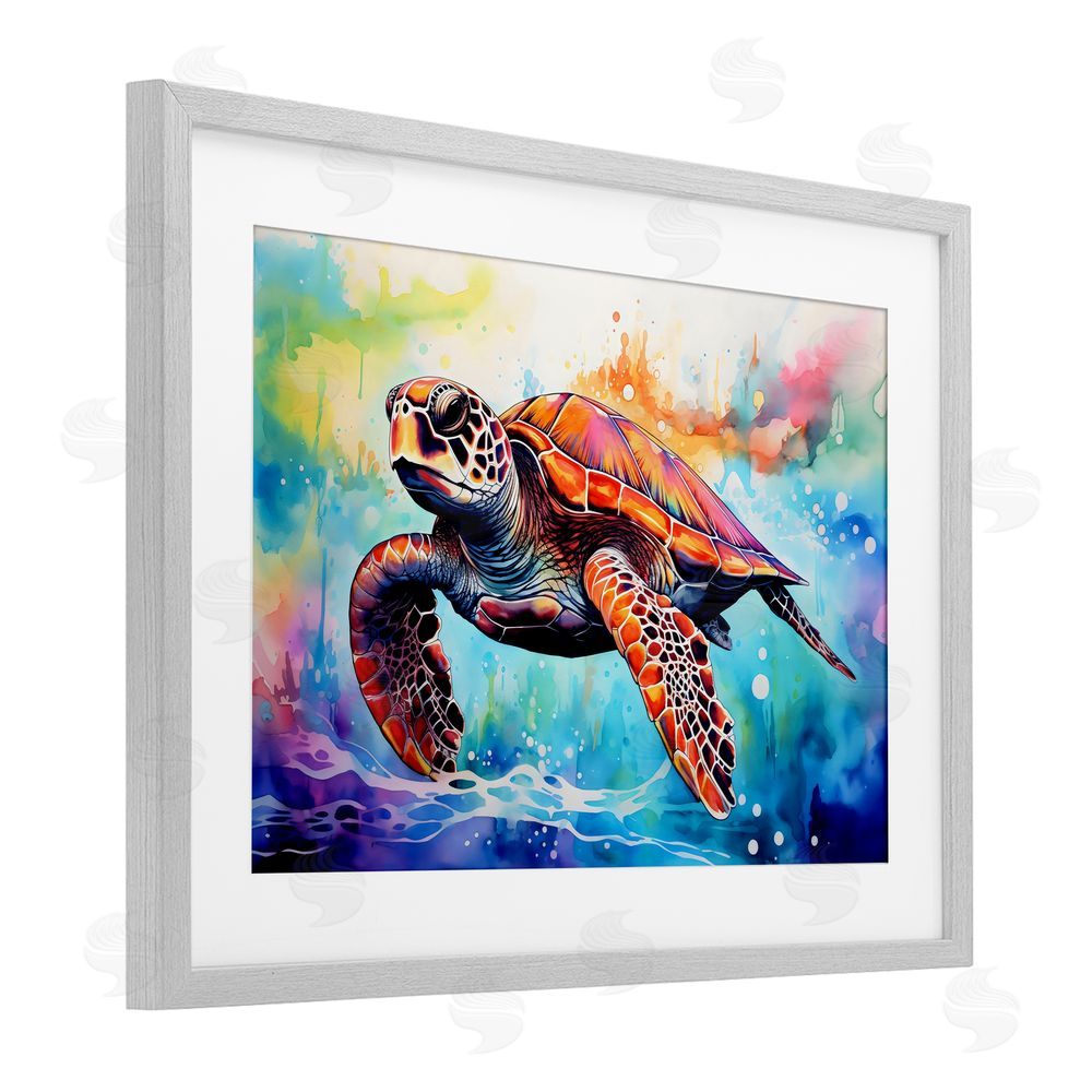 LSR Design Studio Sea Turtle over Watercolor Splash Gray Framed Print Under Glass Art