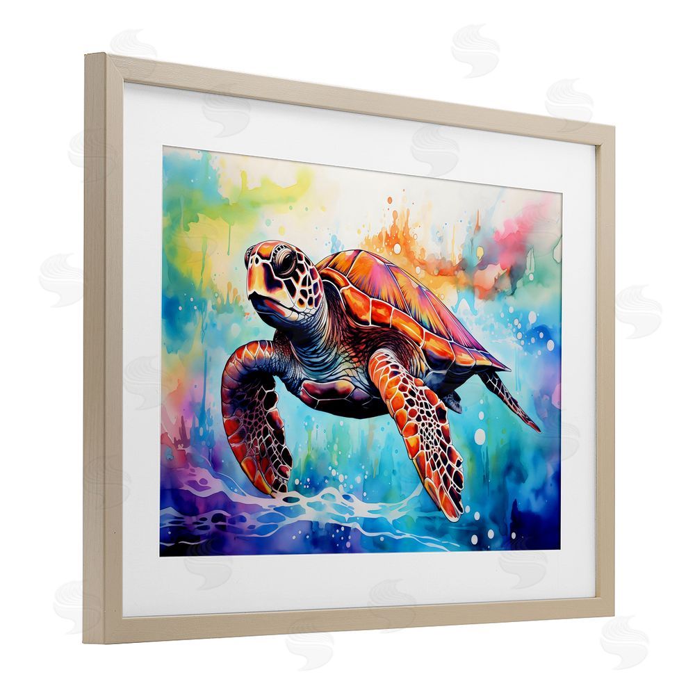 LSR Design Studio Sea Turtle over Watercolor Splash Birch Framed Print Under Glass Art