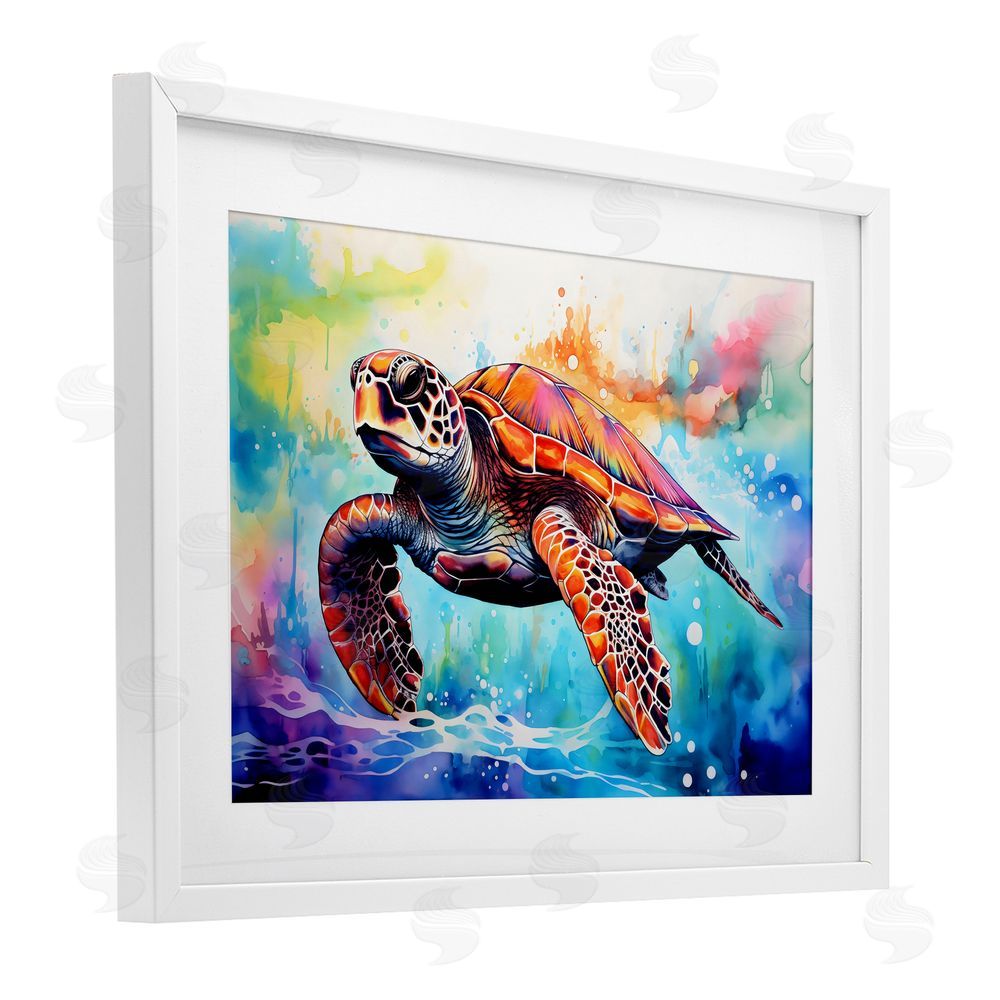 LSR Design Studio Sea Turtle over Watercolor Splash White Framed Print Under Glass Art