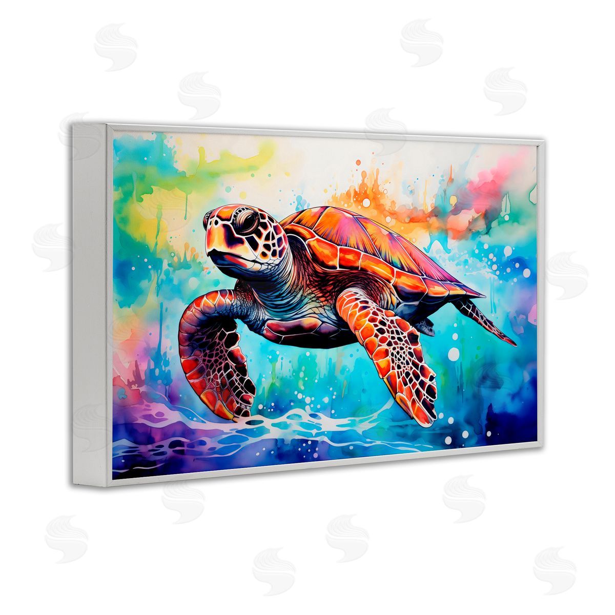 LSR Design Studio Sea Turtle over Watercolor Splash White Frame Giclee Art Print