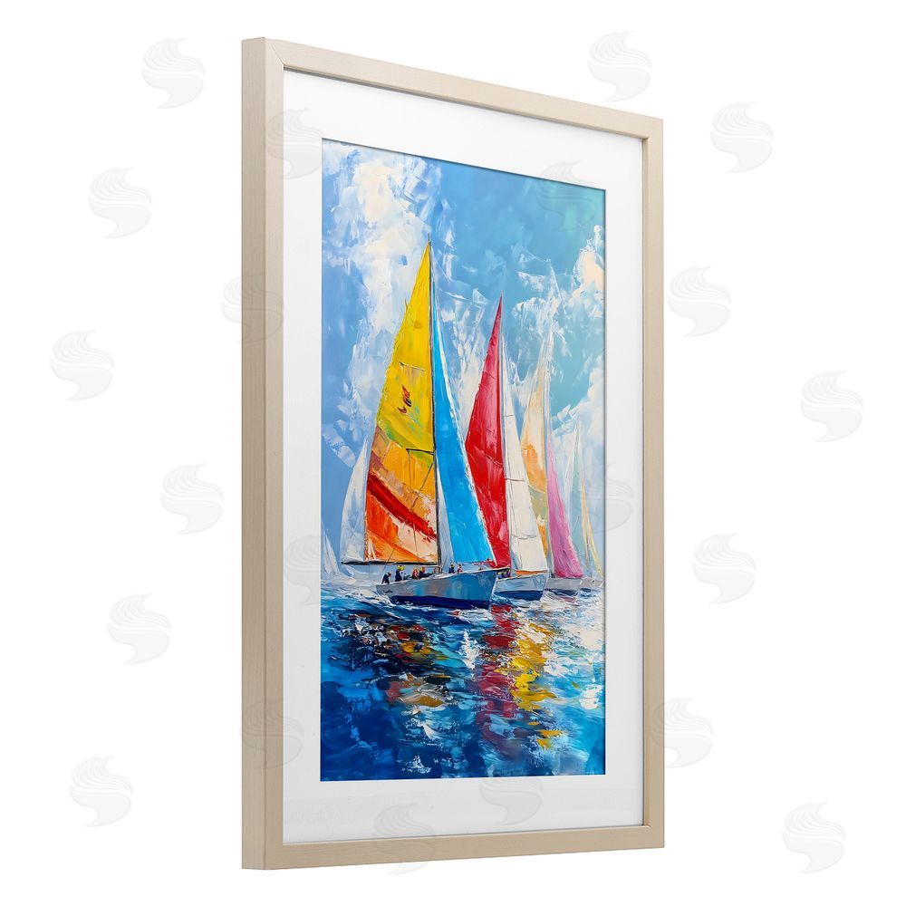 LSR Design Studio Fleet of Colorful Sails Birch Framed Print Under Glass Art