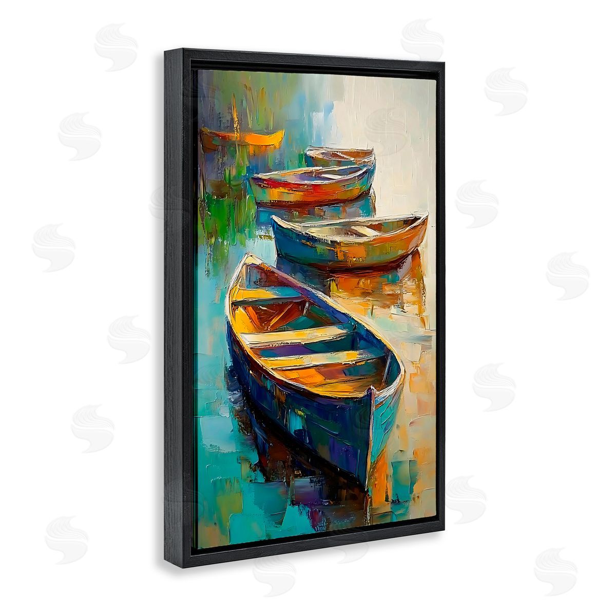 LSR Design Studio Waiting Boats Expressionism Black Floating Frame Canvas Wall Art Print