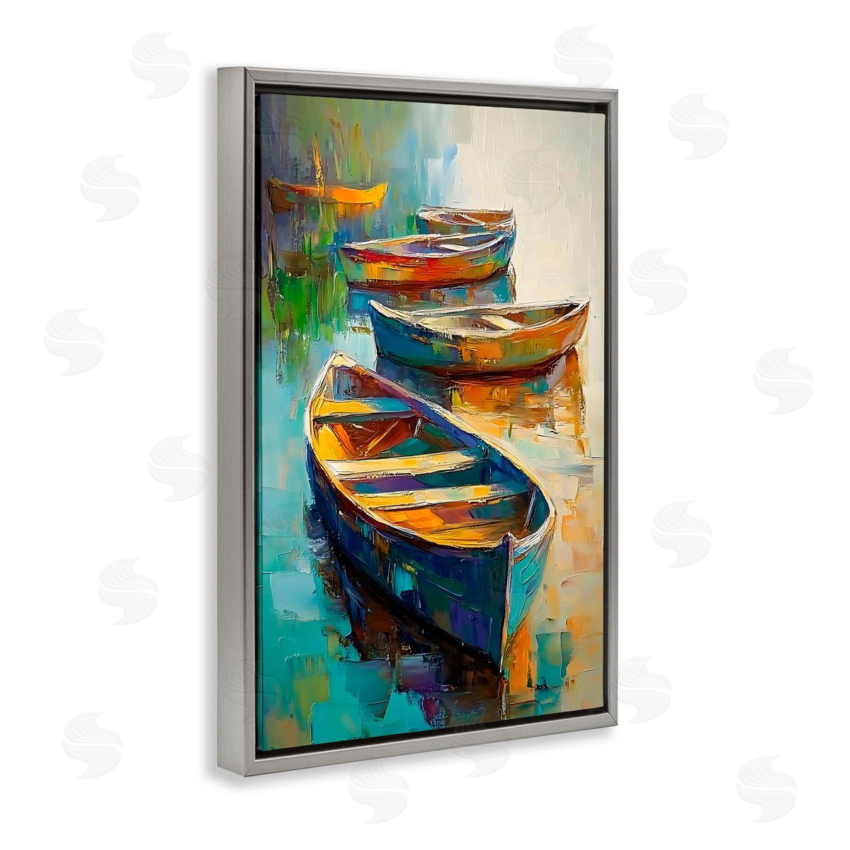 LSR Design Studio Waiting Boats Expressionism Gray Floating Frame Canvas Art Print