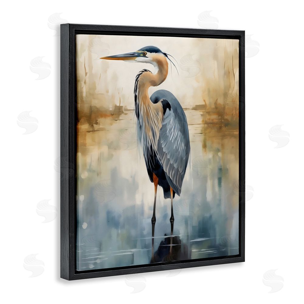 LSR Design Studio Peaceful Heron over Abstract Black Floating Frame Canvas Wall Art Print
