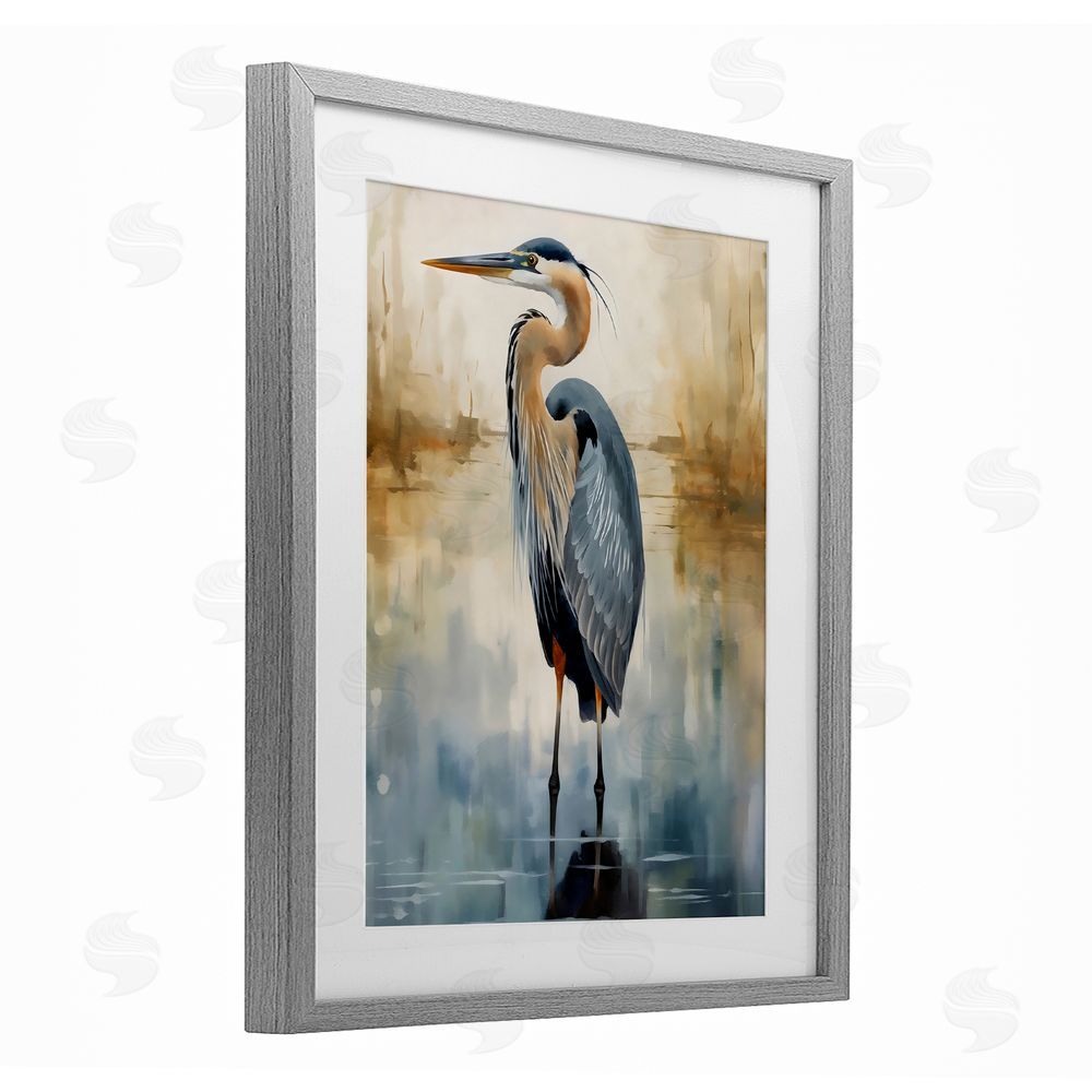 LSR Design Studio Peaceful Heron over Abstract Gray Framed Print Under Glass Art