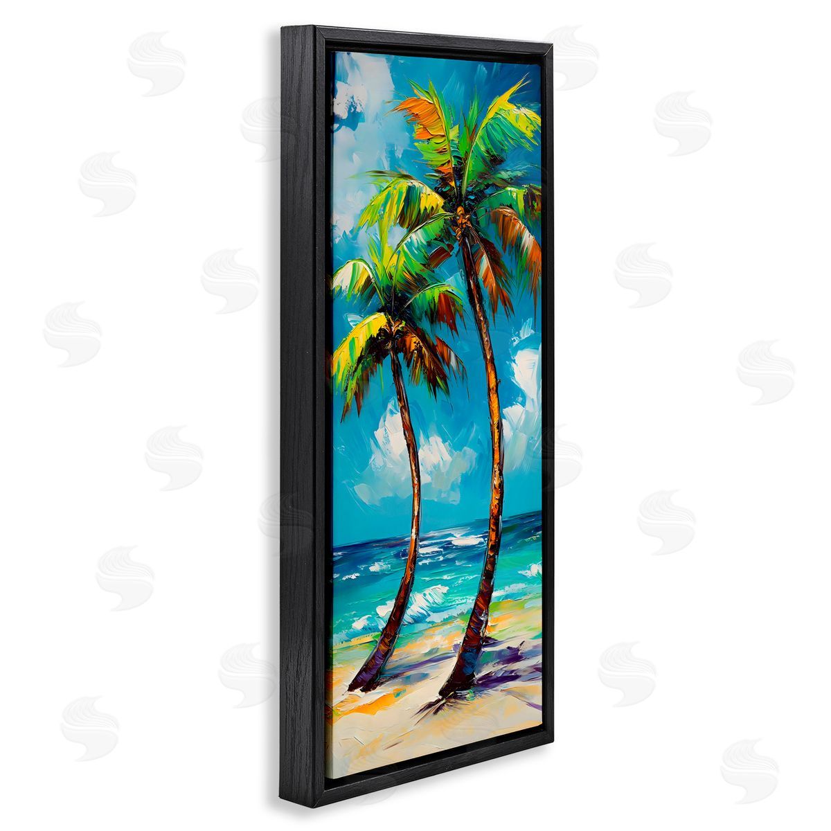 LSR Design Studio Bendy Palm Trees on Shore Black Floating Frame Canvas Wall Art Print