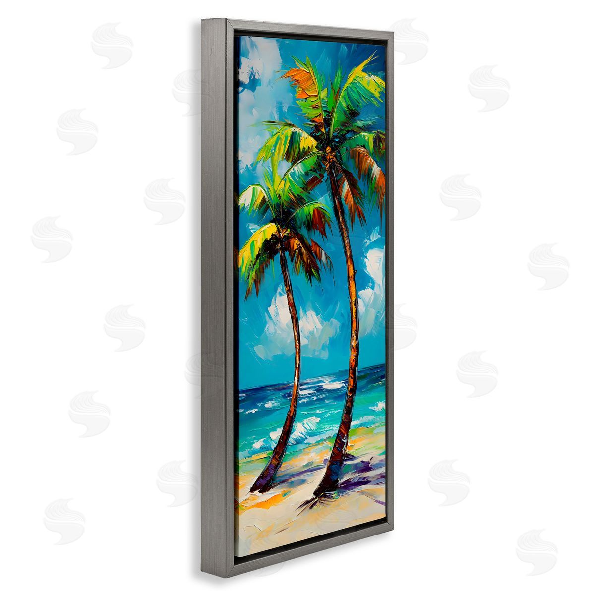 LSR Design Studio Bendy Palm Trees on Shore Gray Floating Frame Canvas Art Print