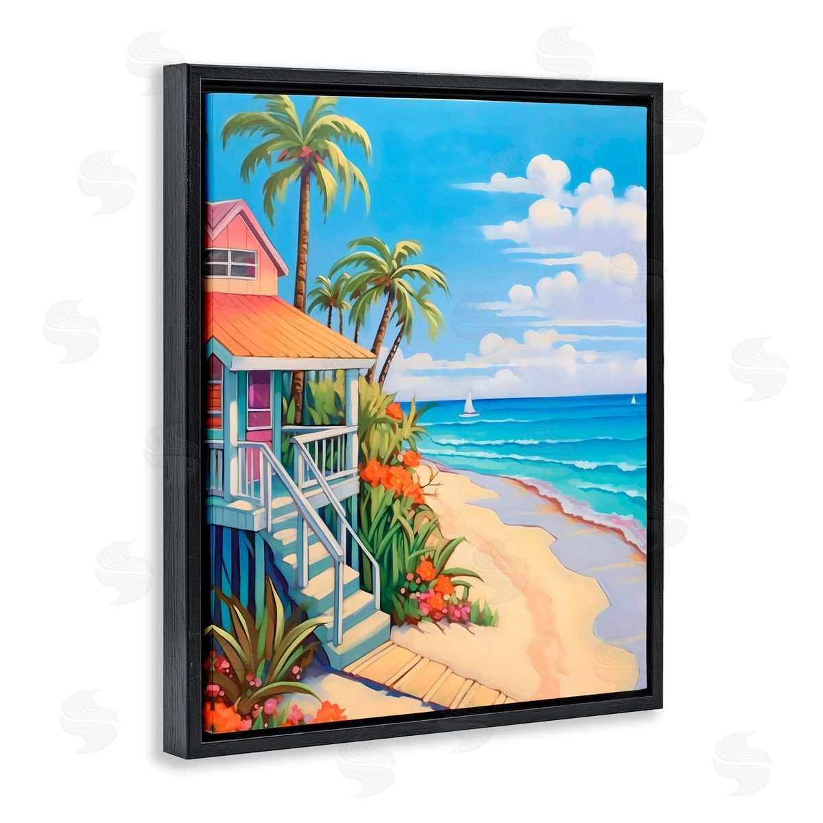 LSR Design Studio Life On The Beach Bungalow Black Floating Frame Canvas Wall Art Print