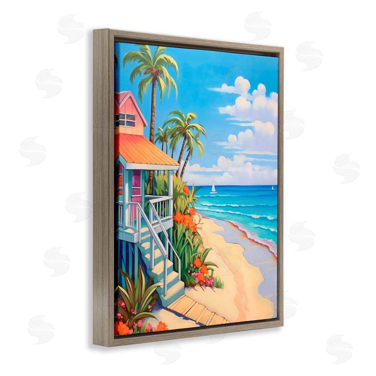 LSR Design Studio Life On The Beach Bungalow Brown Floating Frame Canvas Art Print