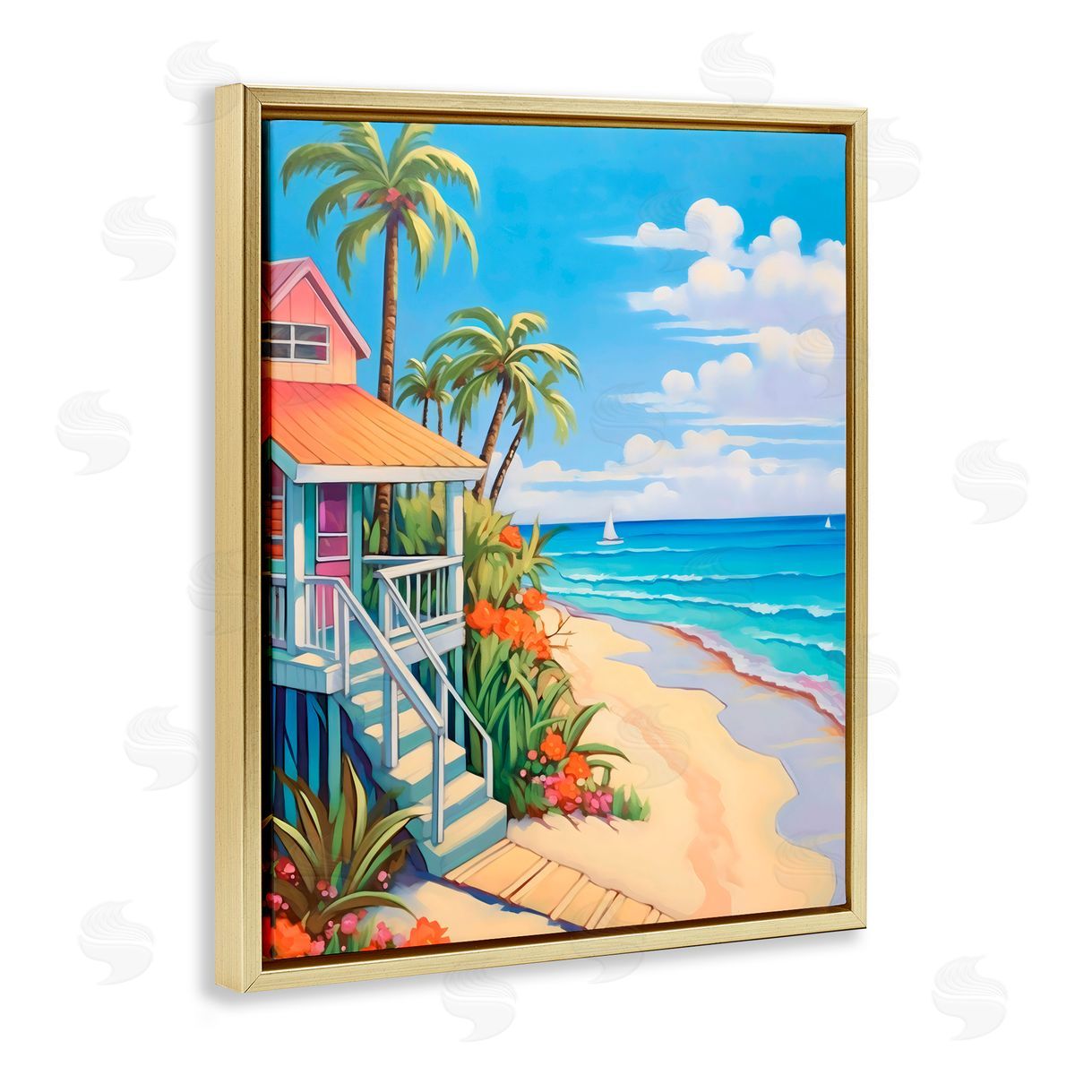 LSR Design Studio Life On The Beach Bungalow Gold Floating Frame Canvas Art Print