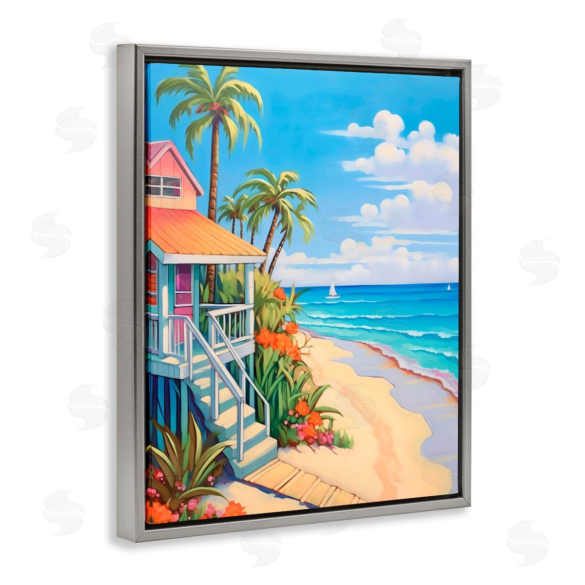 LSR Design Studio Life On The Beach Bungalow Gray Floating Frame Canvas Art Print