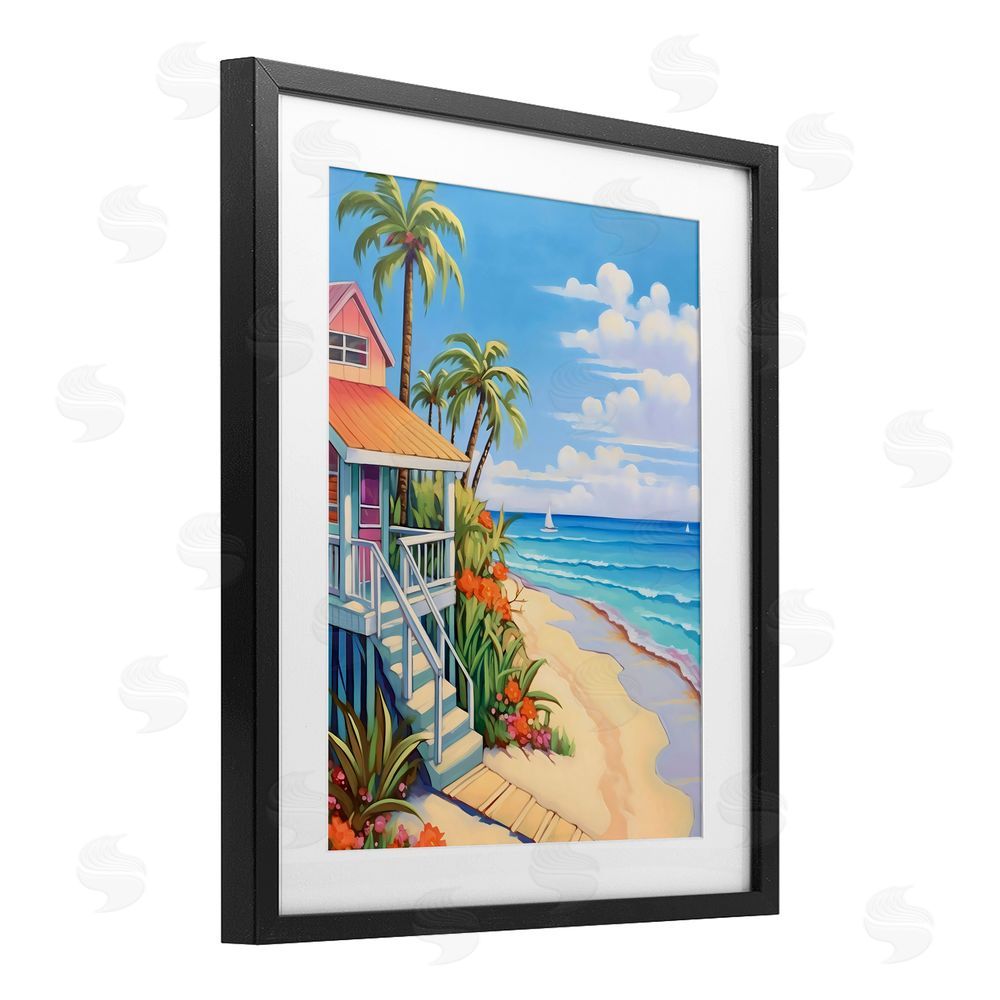 LSR Design Studio Life On The Beach Bungalow Black Framed Print Under Glass Art