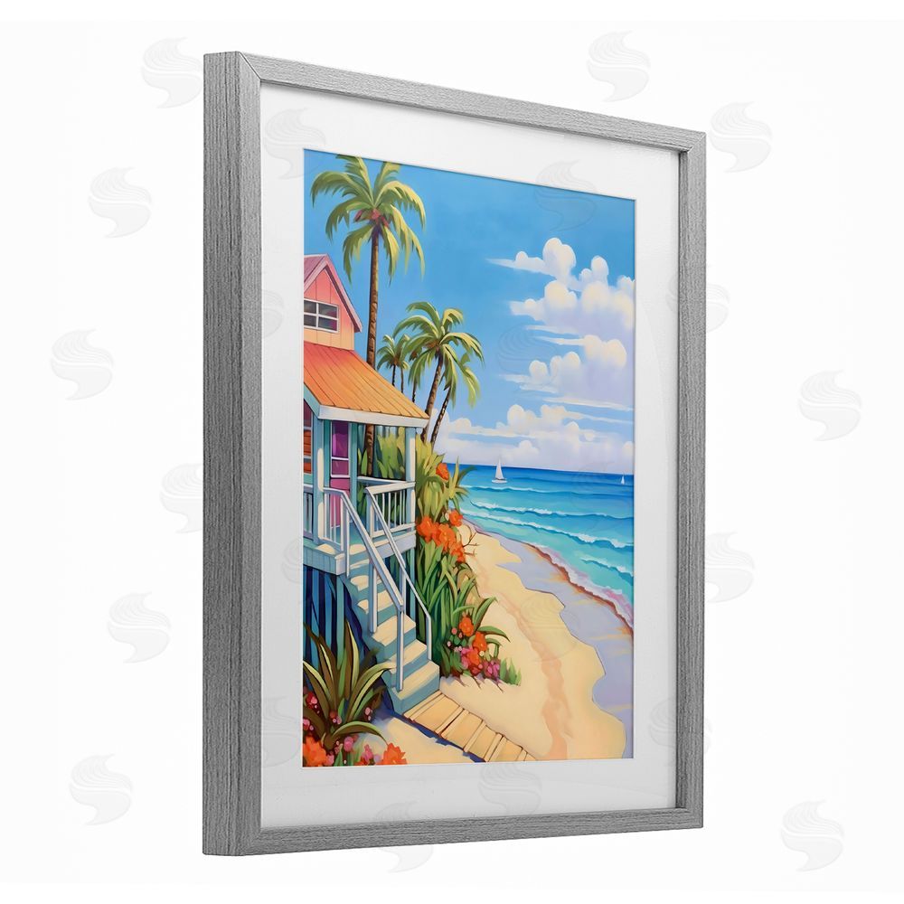 LSR Design Studio Life On The Beach Bungalow Gray Framed Print Under Glass Art