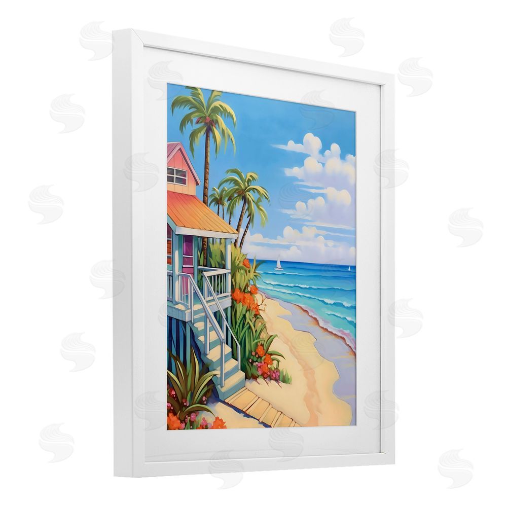 LSR Design Studio Life On The Beach Bungalow White Framed Print Under Glass Art