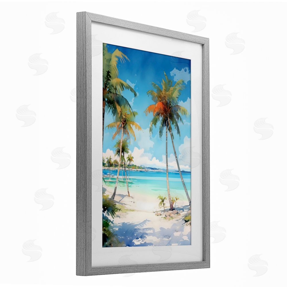 LSR Design Studio Palm Paradise Beachfront Gray Framed Print Under Glass Art