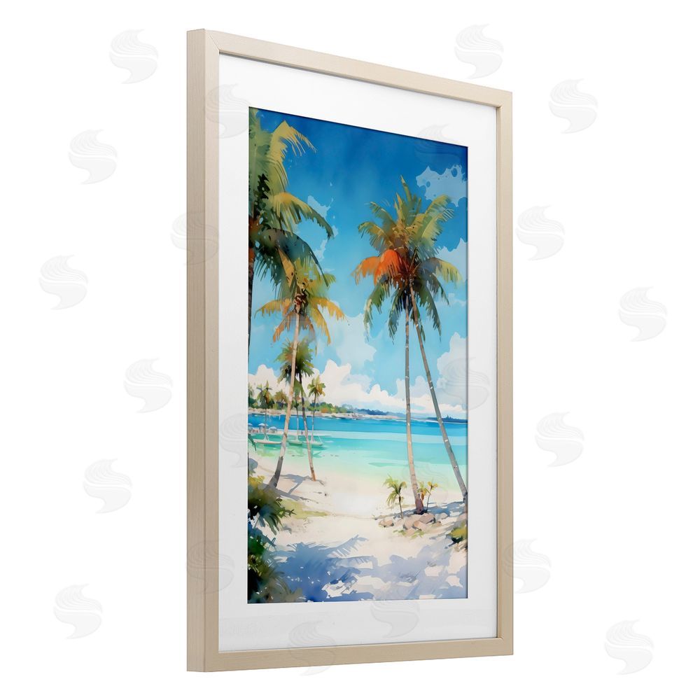 LSR Design Studio Palm Paradise Beachfront Birch Framed Print Under Glass Art
