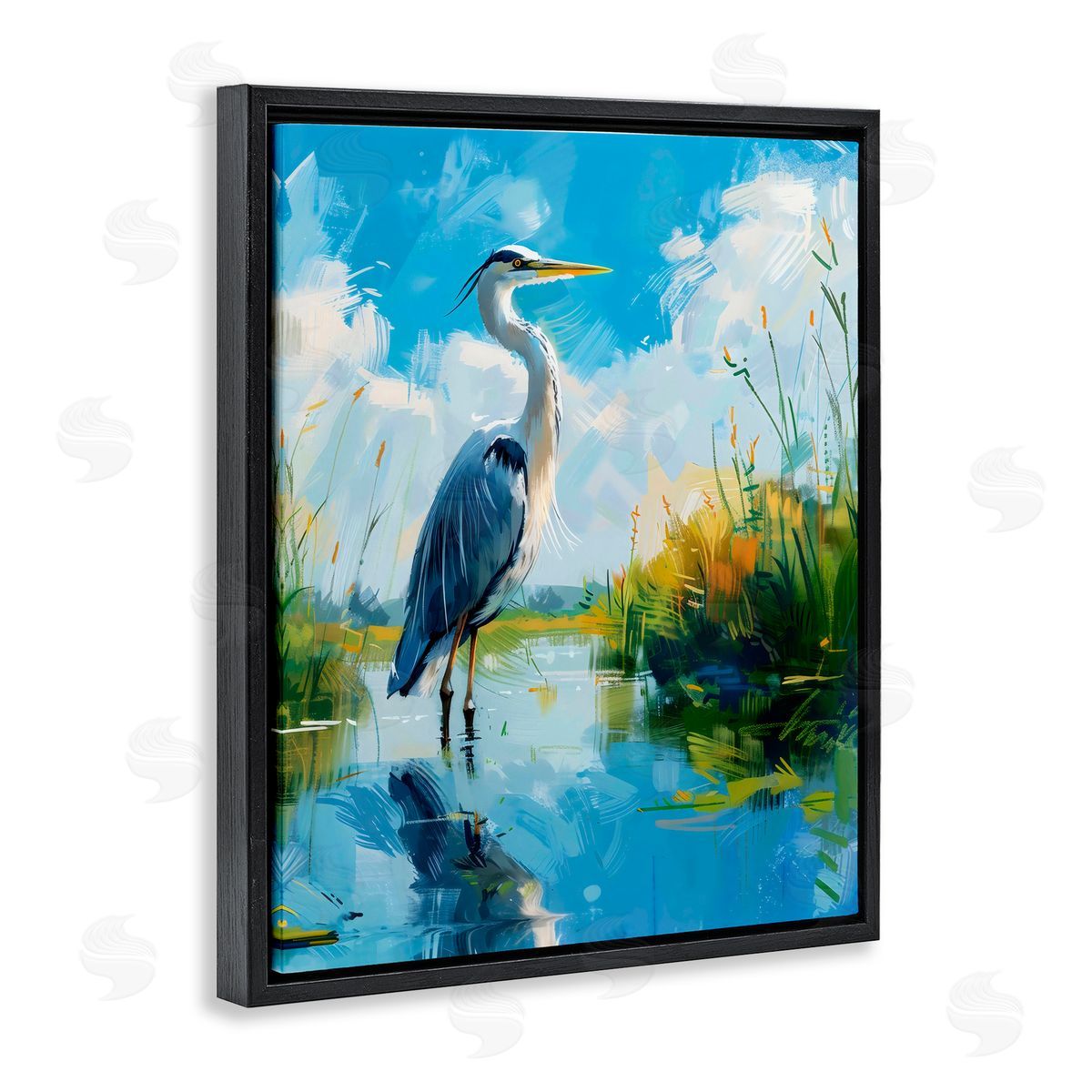LSR Design Studio Blue Heron in Wetlands Black Floating Frame Canvas Wall Art Print
